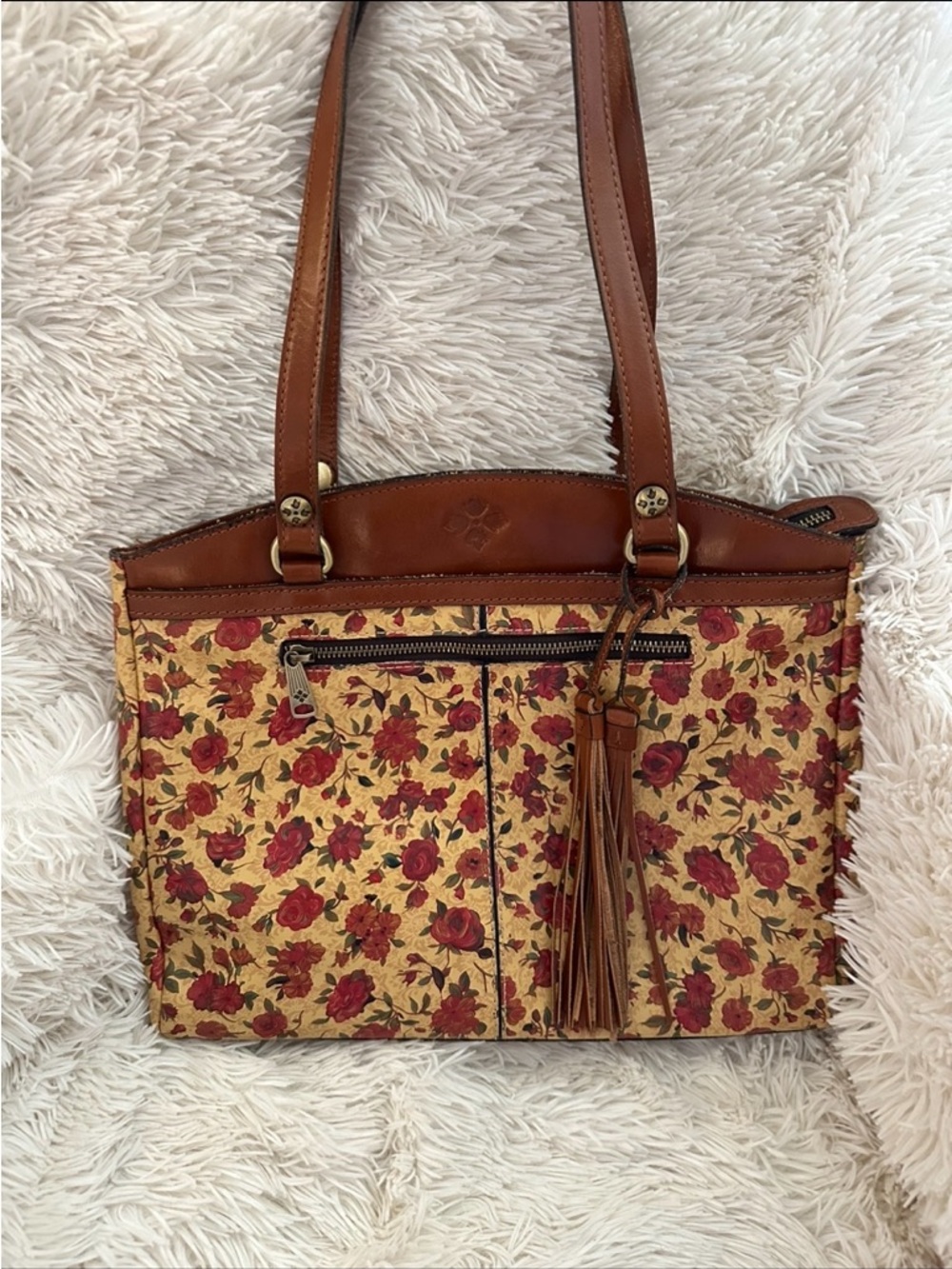 Patricia Nash Red Rose Floral Tote with Brown Leather Trim